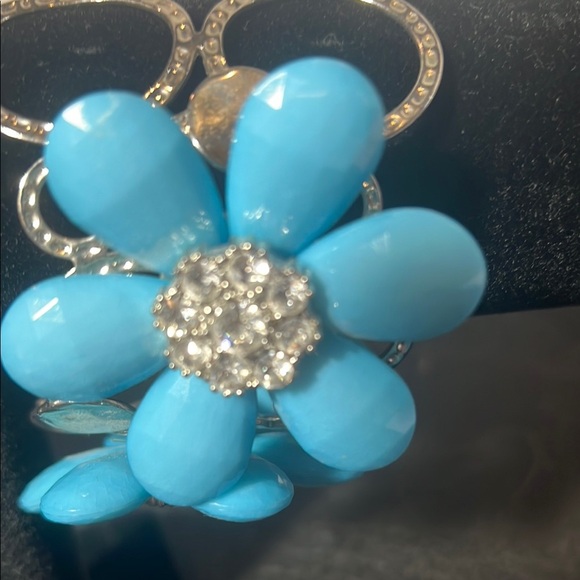 Blue Floral Earrings with Silver Accents and Rhinestones - Picture 4 of 5